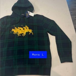 Polo Ralph Lauren Tartan Plaid Green Hoodie Triple Gold Pony Mens Large